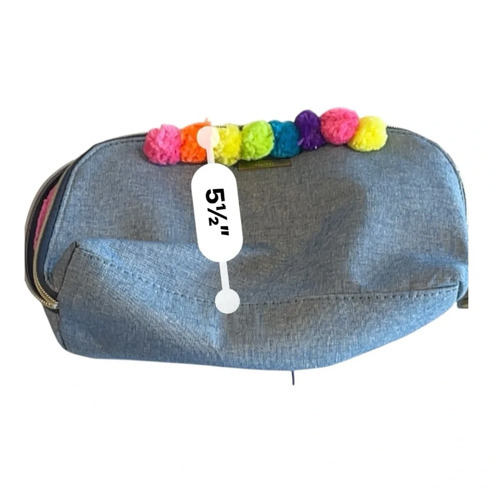 Kestrel Denim Cosmetic Bag Rainbow Pom Pom Makeup Pouch Travel Case - Picture 9 of 9